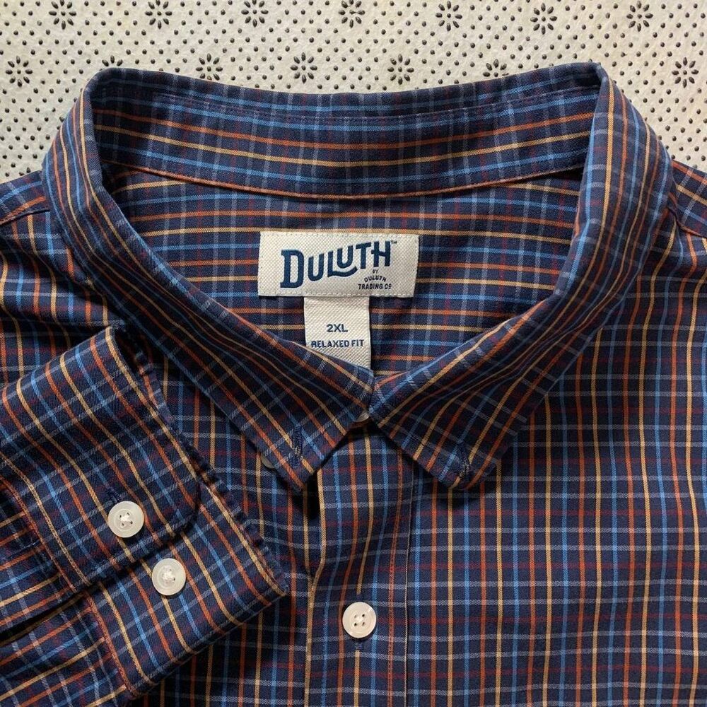 Duluth Trading Co Mens 2XL Relaxed Fit Plaid Button Down Shirt Navy Blue